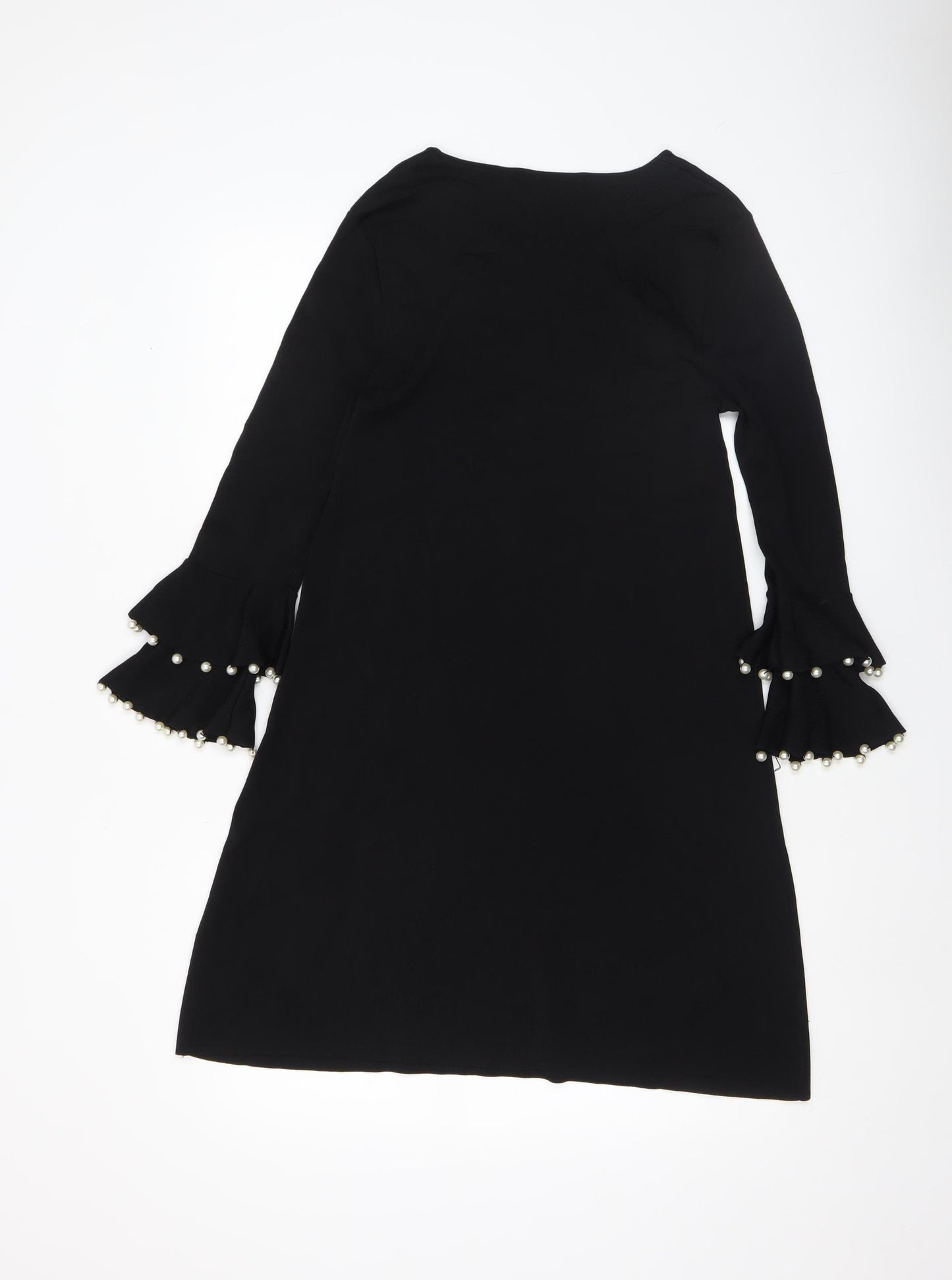 ZARA Women Black M Shift Dress Long Bell Sleeves Beaded Cocktail
