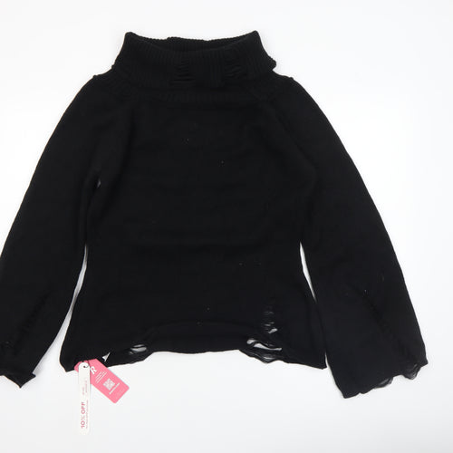Romwe Women's Black Roll Neck Distressed Knit Jumper Size 16