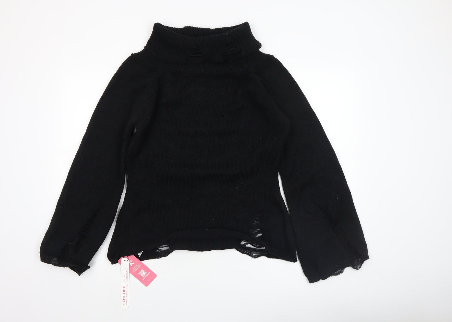 Romwe Women's Black Roll Neck Distressed Knit Jumper Size 16