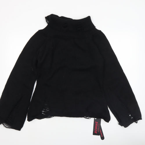 Romwe Women's Black Roll Neck Distressed Knit Jumper Size 16