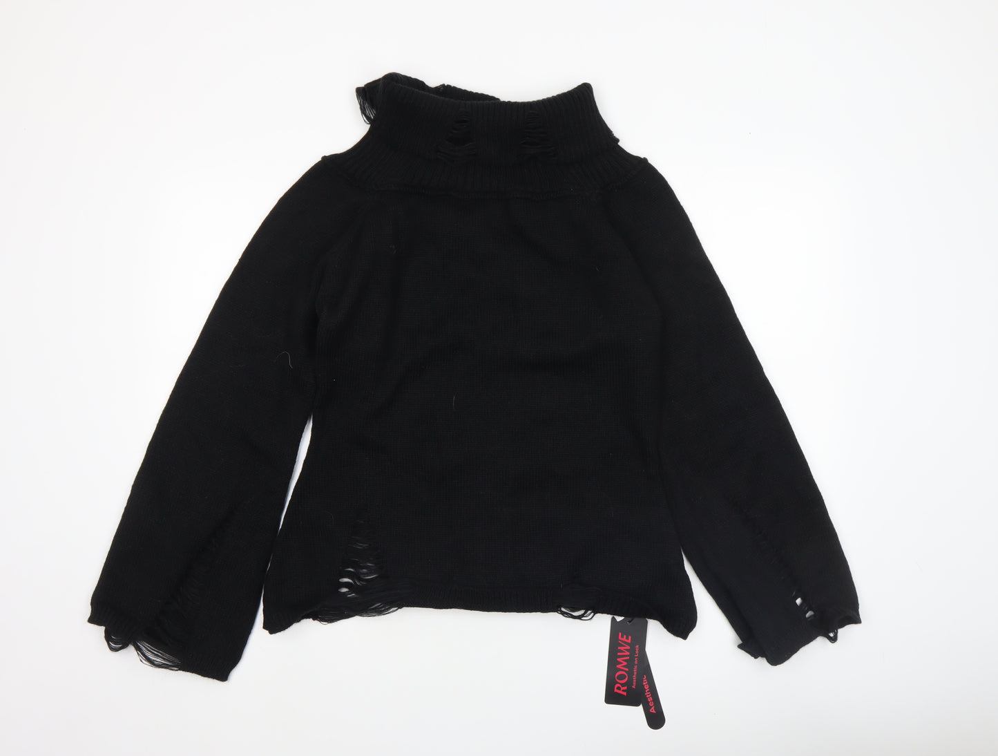 Romwe Women's Black Roll Neck Distressed Knit Jumper Size 16