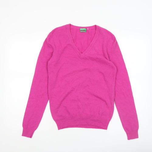 United Colors of Benetton Women’s Pink V-Neck Merino Wool Jumper Size S