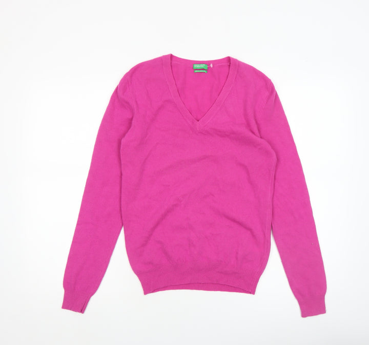 United Colors of Benetton Women’s Pink V-Neck Merino Wool Jumper Size S