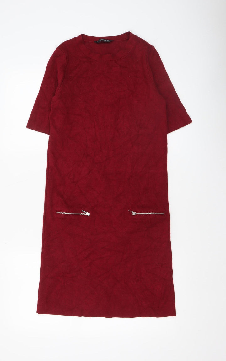 Dorothy Perkins Women’s Red Knit Shift Dress Size 12 Short Sleeve Zip Detail