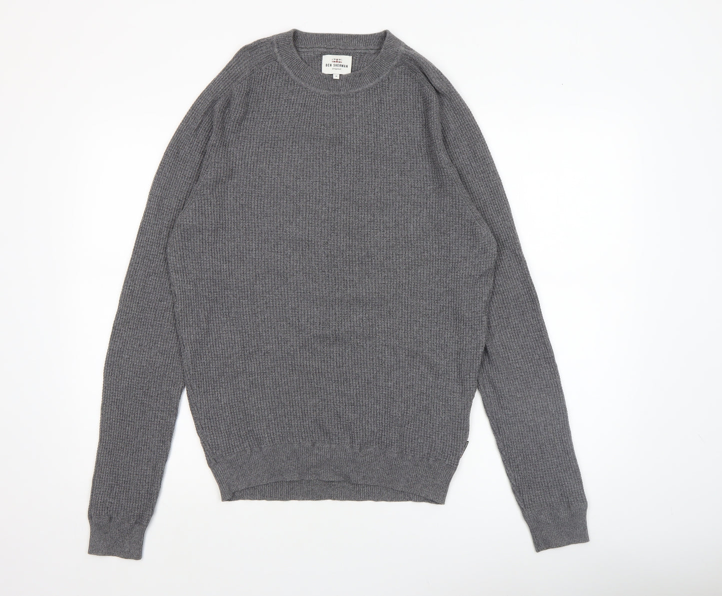 Ben Sherman Men's Grey Cotton Crew Neck Jumper M Waffle Knit