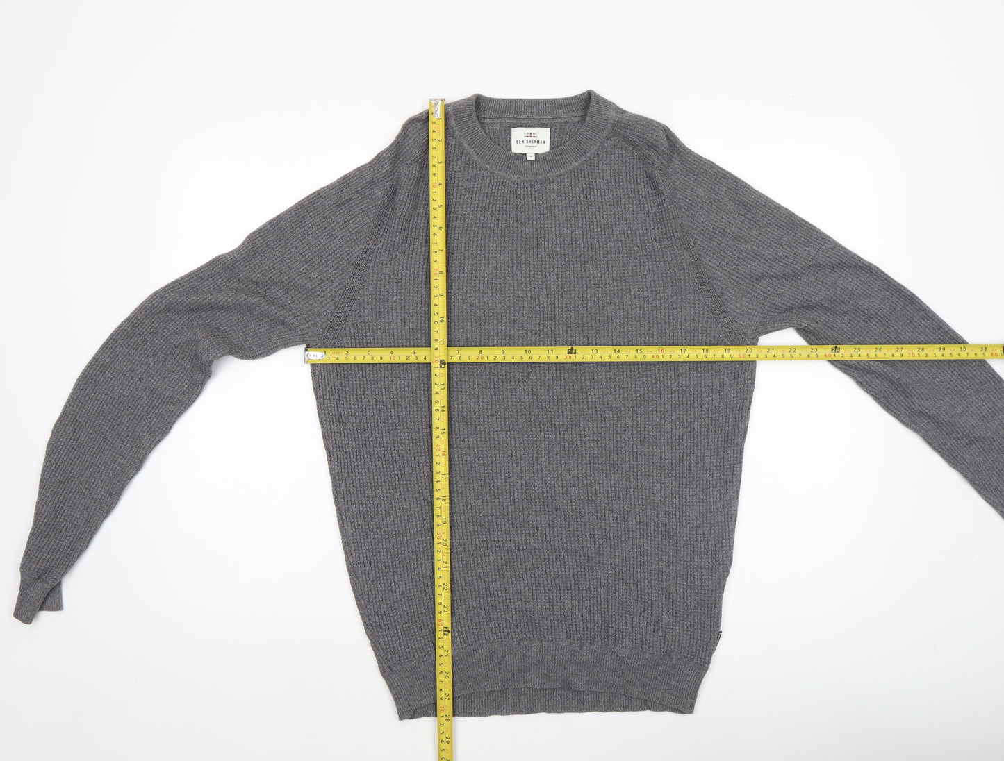 Ben Sherman Men's Grey Cotton Crew Neck Jumper M Waffle Knit