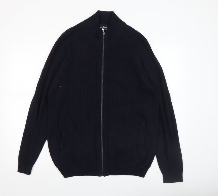 Marks and Spencer Blue Harbour Men's Black Full Zip Cotton Blend Jumper L