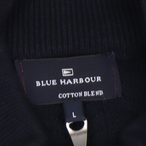 Marks and Spencer Blue Harbour Men's Black Full Zip Cotton Blend Jumper L