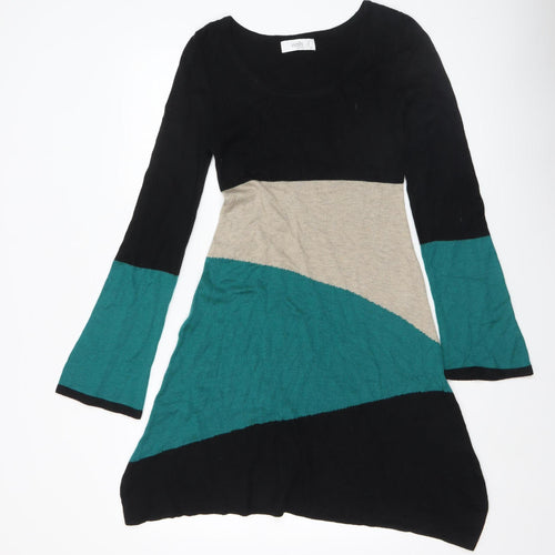 Wallis Petite Women’s Green Beige Black Colourblock A-Line Knit Dress M