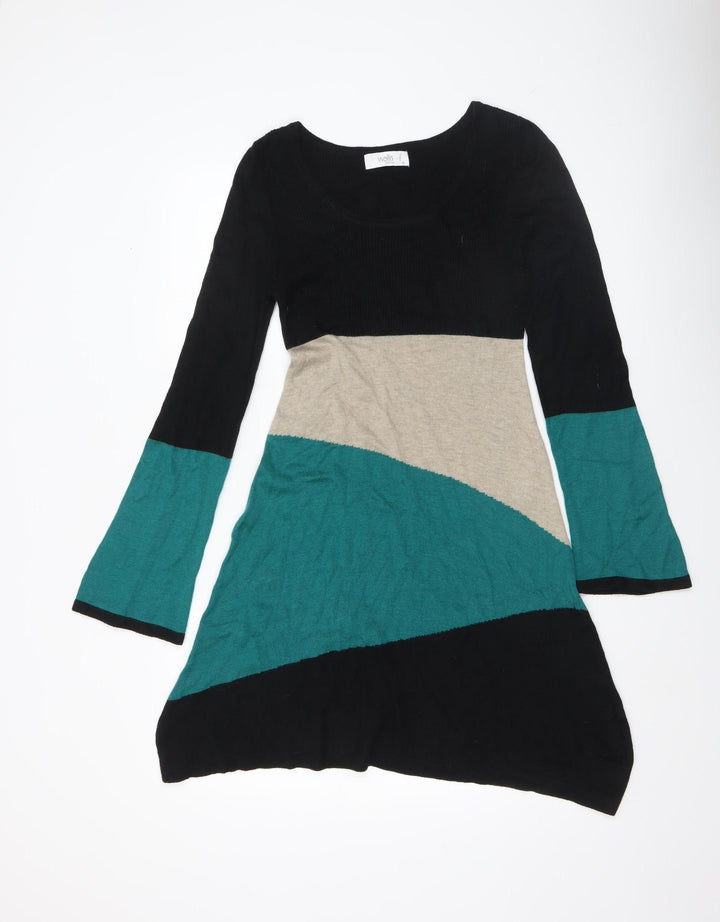 Wallis Petite Women’s Green Beige Black Colourblock A-Line Knit Dress M