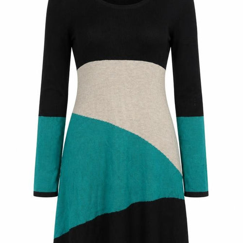 Wallis Petite Women’s Green Beige Black Colourblock A-Line Knit Dress M