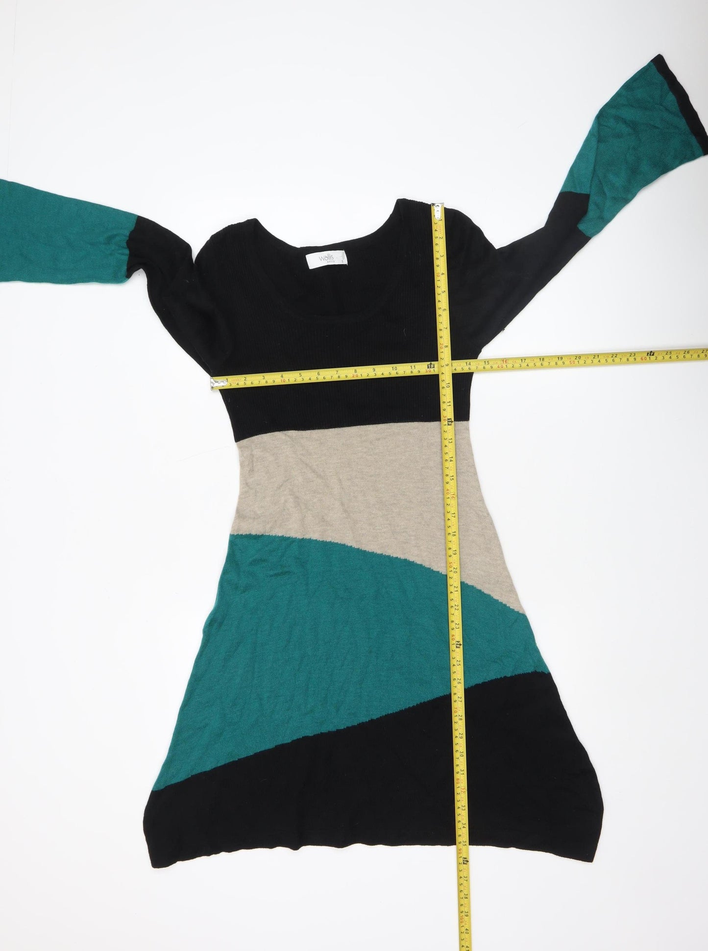 Wallis Petite Women’s Green Beige Black Colourblock A-Line Knit Dress M