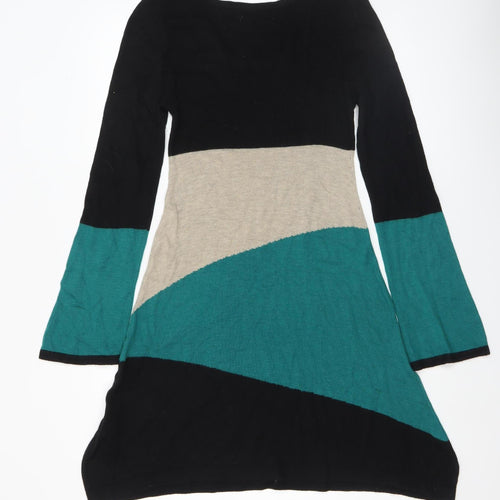 Wallis Petite Women’s Green Beige Black Colourblock A-Line Knit Dress M