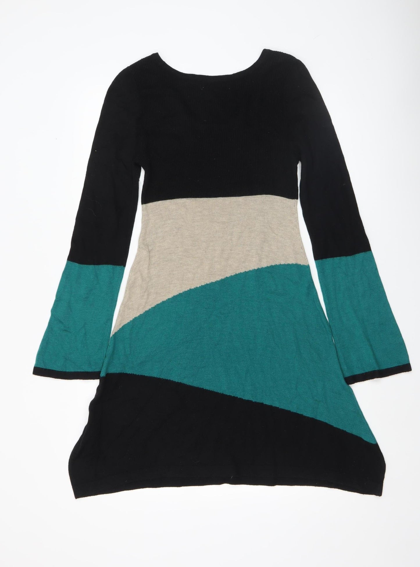Wallis Petite Women’s Green Beige Black Colourblock A-Line Knit Dress M
