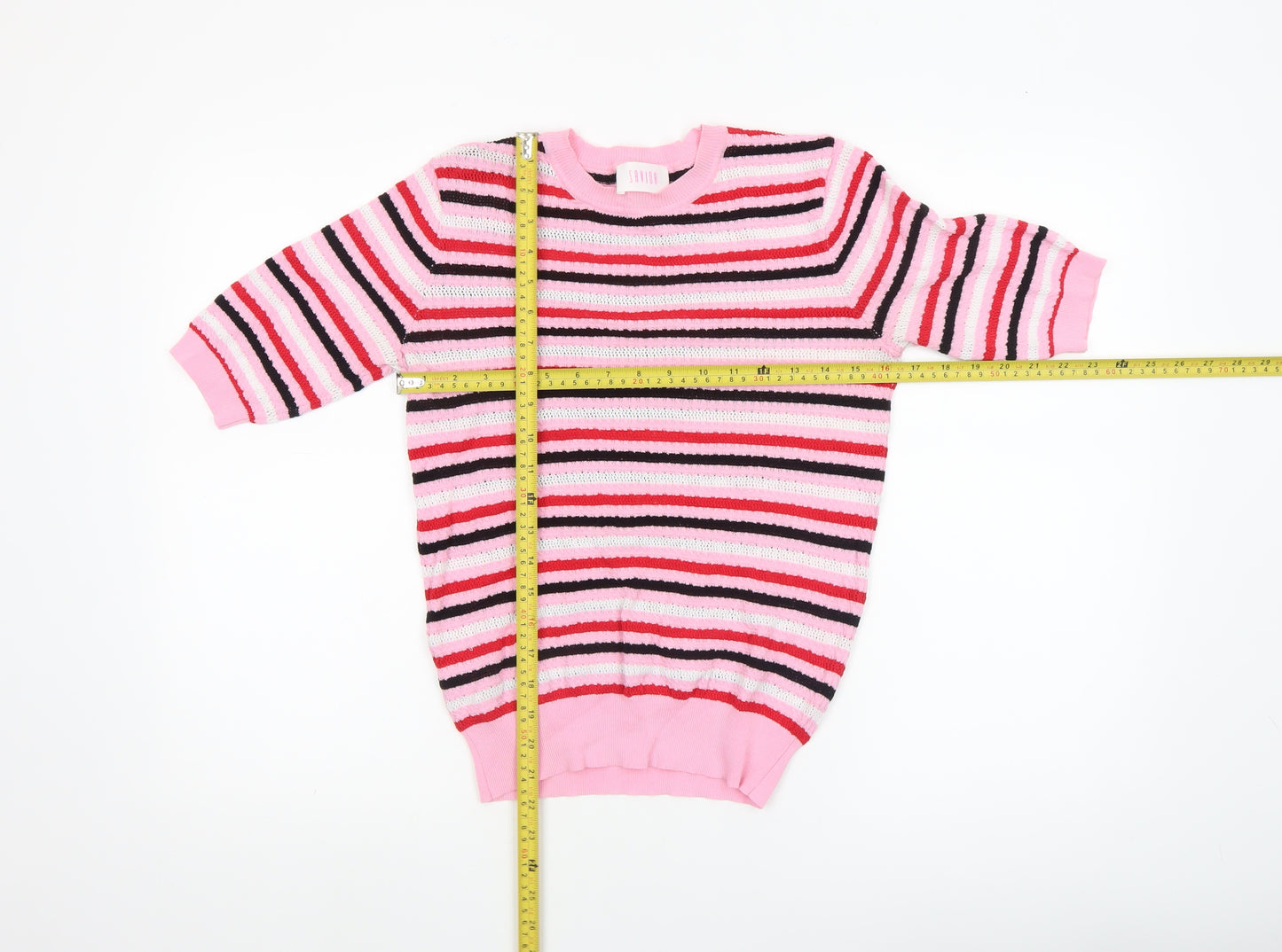 Aviva Women’s Pink Striped Knit Short Sleeve Top Size 12