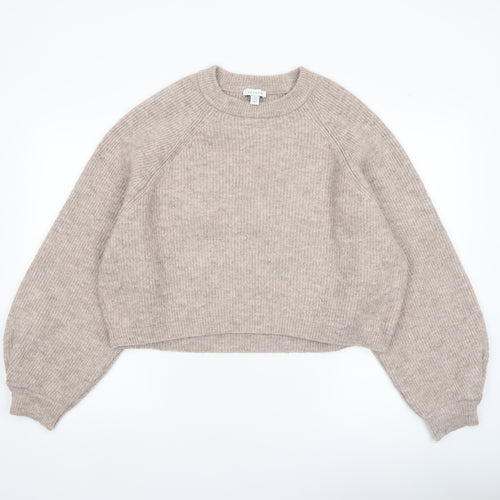 Topshop Women Beige Ribbed Crew Neck Pullover Jumper Size M