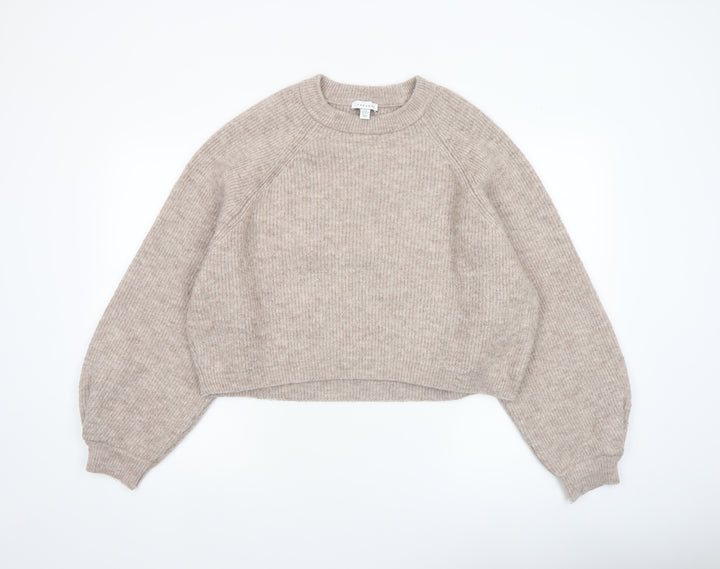 Topshop Women Beige Ribbed Crew Neck Pullover Jumper Size M
