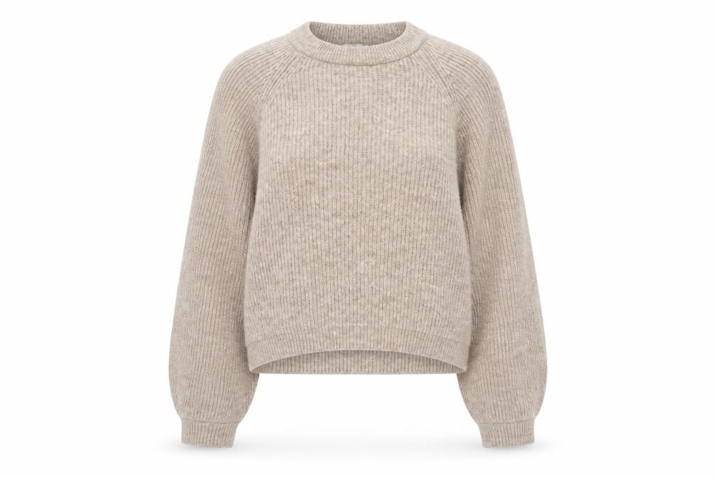 Front view of Topshop Women Beige Ribbed Crew Neck jumper, size M
