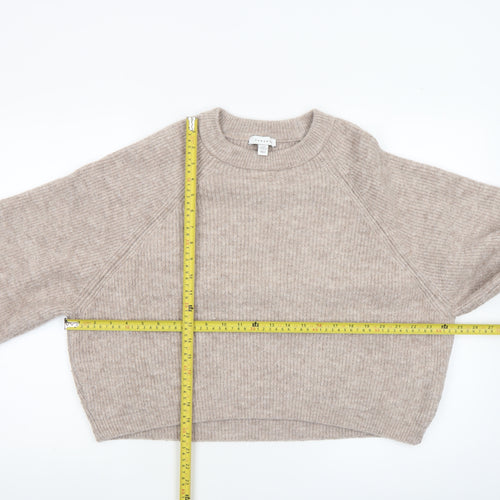 Topshop Women Beige Ribbed Crew Neck Pullover Jumper Size M