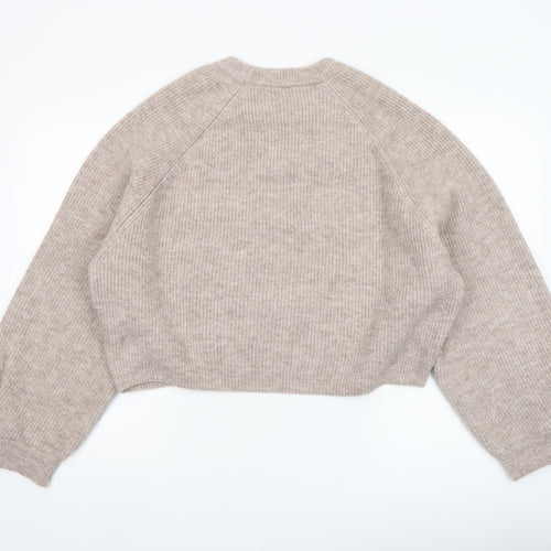 Topshop Women Beige Ribbed Crew Neck Pullover Jumper Size M