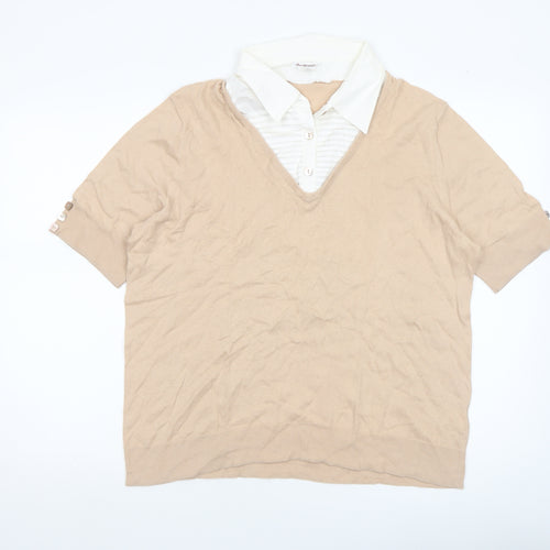 Anne Weyburn Women's Beige Knit Collared V-Neck Blouse Size 14