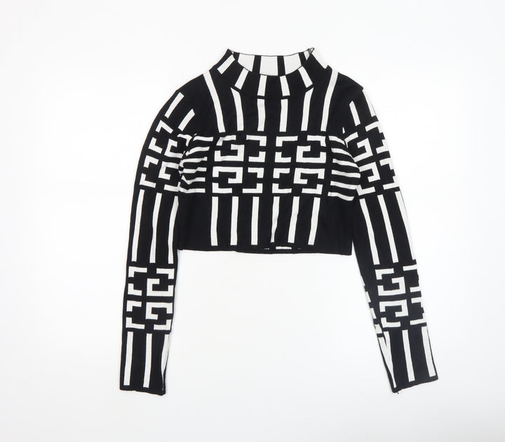 QED London Women's Black Geometric High Neck Knit Jumper Size S
