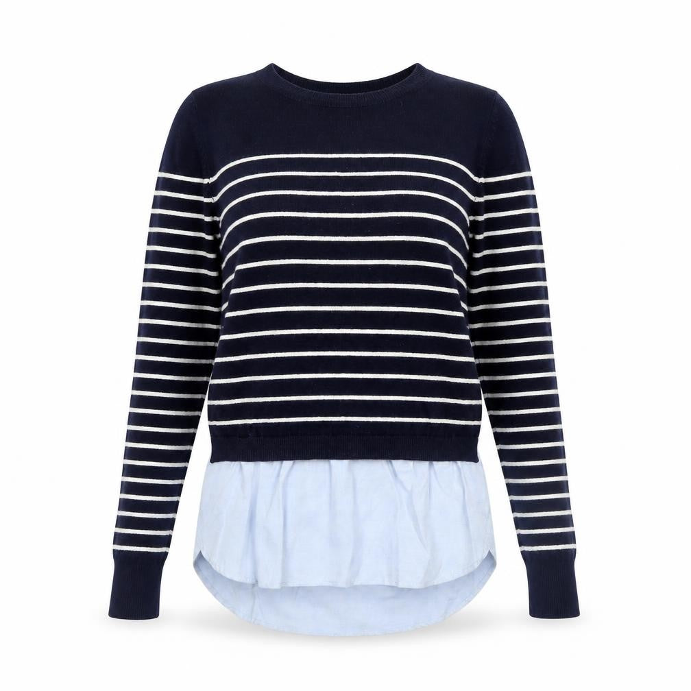 Front view of Oasis Women's Blue Striped Crew Neck jumper XS
