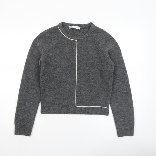 ZARA Women Grey Wool Blend Crew Neck Pullover Jumper Size S