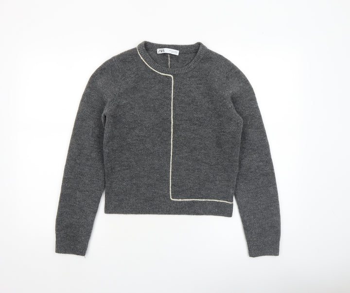ZARA Women Grey Wool Blend Crew Neck Pullover Jumper Size S