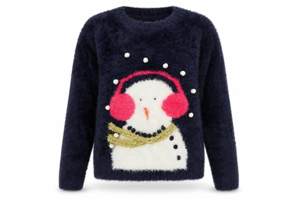 Front view of Next Women's Blue Christmas Snowman Jumper, size 8, Pullover Knit