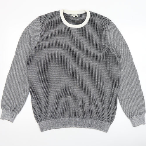 Reiss Men's Grey Cotton Crew Neck Geometric Knit Jumper XL
