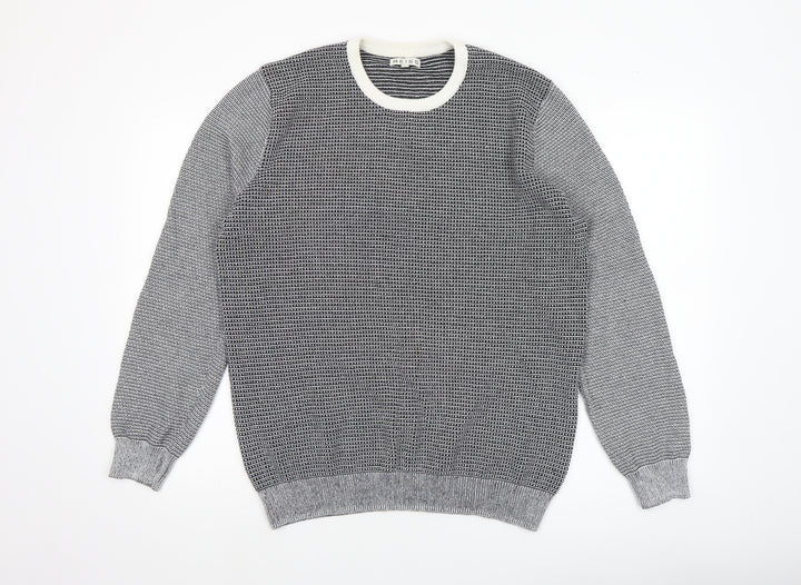 Reiss Men's Grey Cotton Crew Neck Geometric Knit Jumper XL