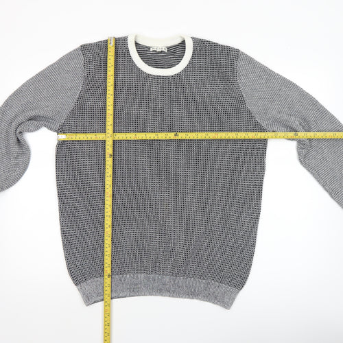 Reiss Men's Grey Cotton Crew Neck Geometric Knit Jumper XL