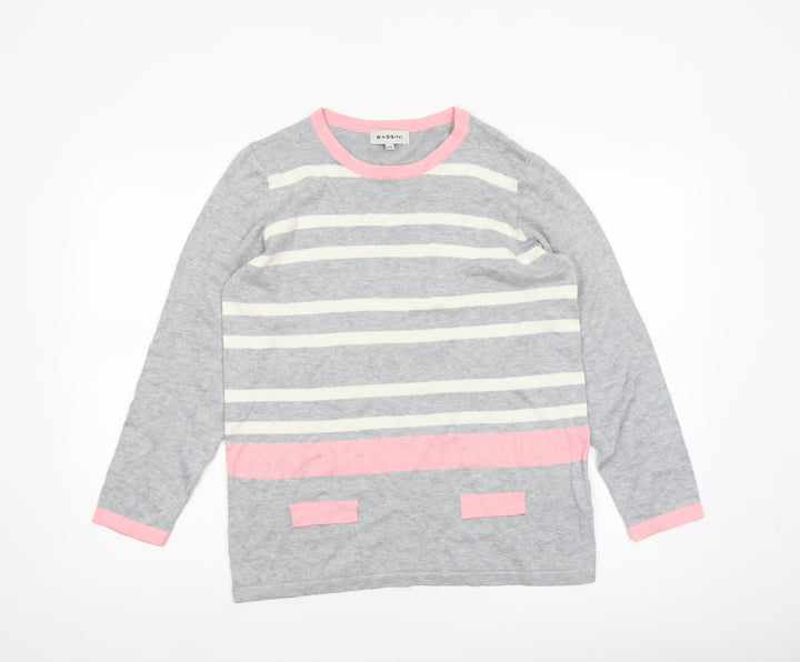 Bassini Women's Grey Pink Stripe Cotton Blend Pullover Jumper L