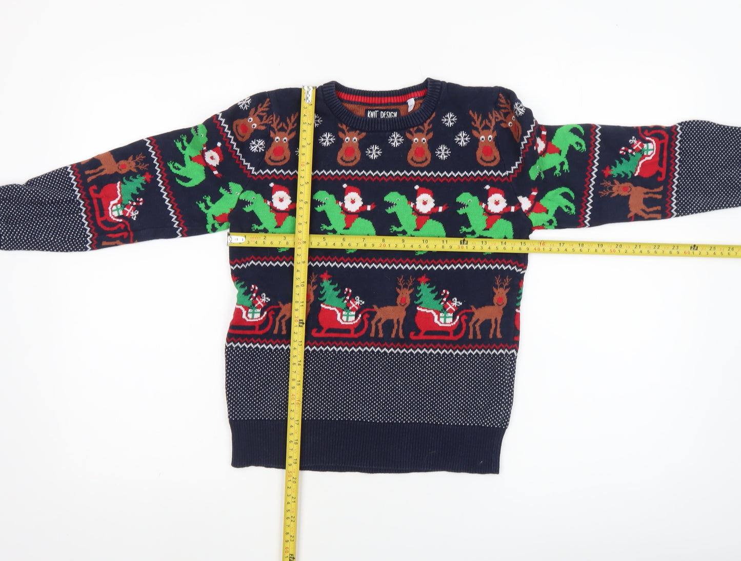 C&A Boys Navy Christmas Dinosaur Reindeer Cotton Jumper Size 134
