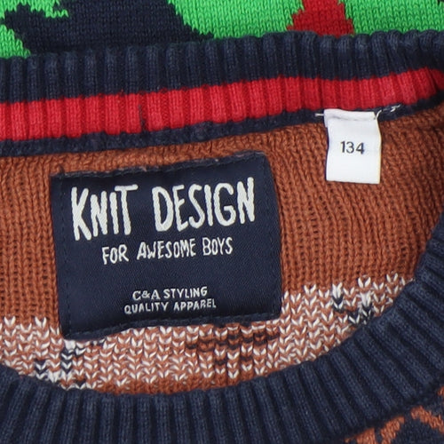 C&A Boys Navy Christmas Dinosaur Reindeer Cotton Jumper Size 134