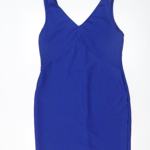 Doll & Frog Women's Blue Bodycon Zip V-Neck Sleeveless Dress Size 16