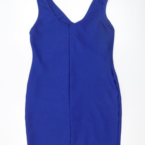 Doll & Frog Women's Blue Bodycon Zip V-Neck Sleeveless Dress Size 16