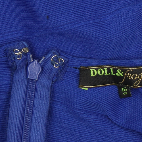 Doll & Frog Women's Blue Bodycon Zip V-Neck Sleeveless Dress Size 16