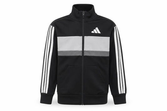 Front view of Adidas boys’ black track jacket 10-11 years full zip colourblock activewear