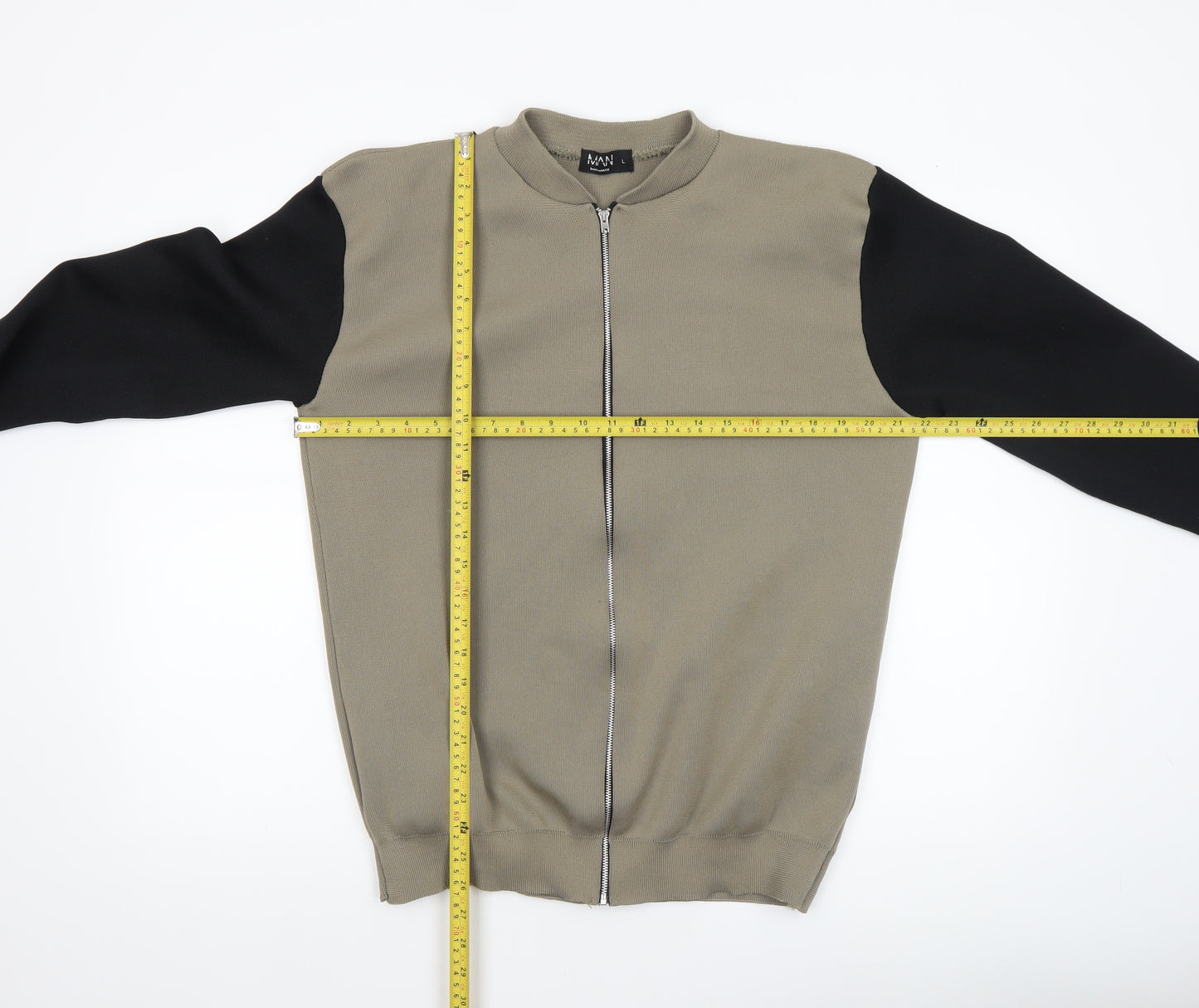 boohooMAN Men's Khaki & Black Bomber Jacket Size L Full Zip Lightweight Knit