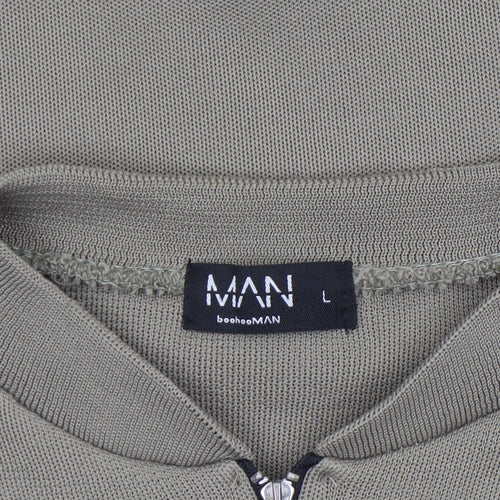 boohooMAN Men's Khaki & Black Bomber Jacket Size L Full Zip Lightweight Knit