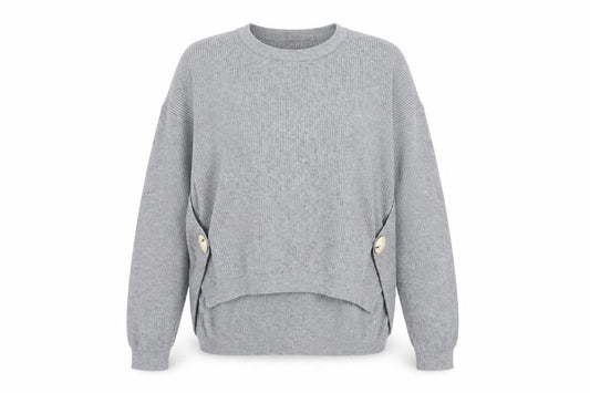 Front view of Angeleye London women’s grey, size UK 14, ribbed knit button jumper