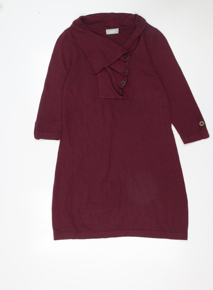 Wallis Women Red Knit Cowl Neck Jumper Dress M 3/4 Sleeve Classic