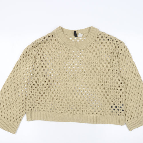 H&M Women Beige Open-Knit Acrylic Jumper Medium UK 12
