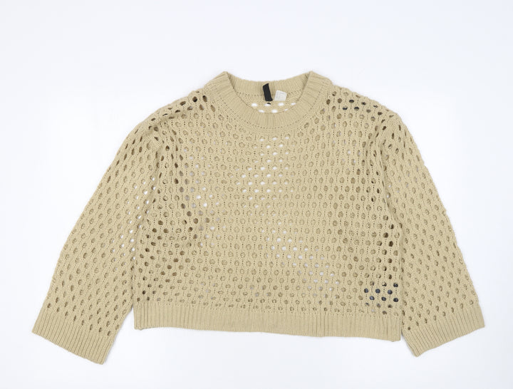 H&M Women Beige Open-Knit Acrylic Jumper Medium UK 12