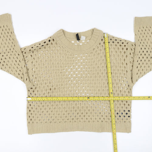 H&M Women Beige Open-Knit Acrylic Jumper Medium UK 12