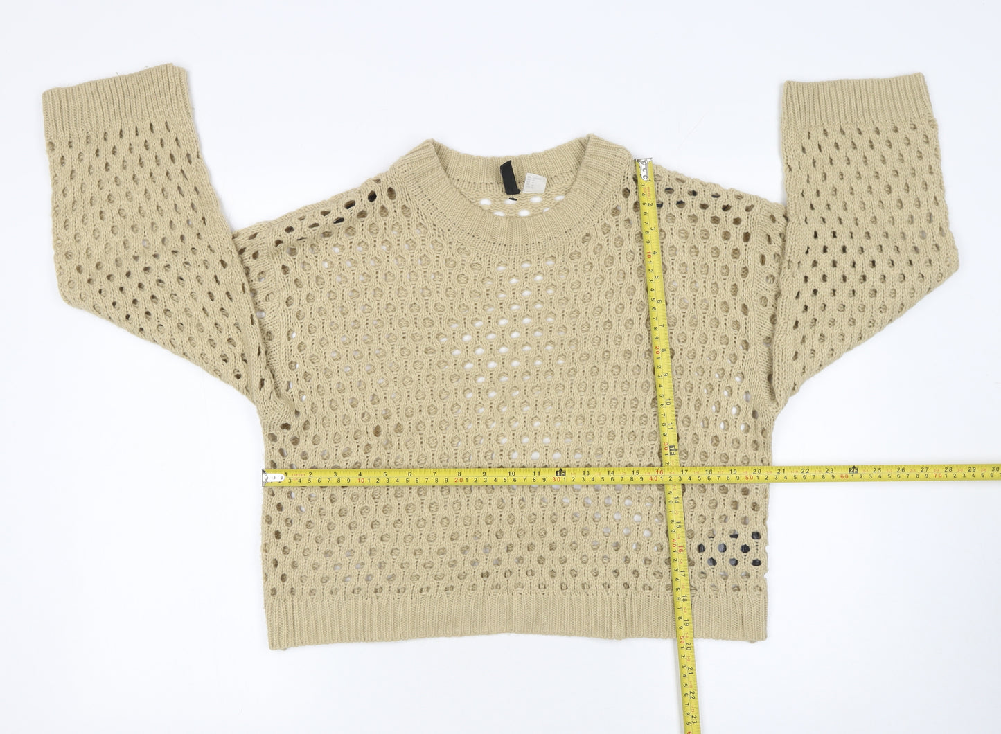 H&M Women Beige Open-Knit Acrylic Jumper Medium UK 12