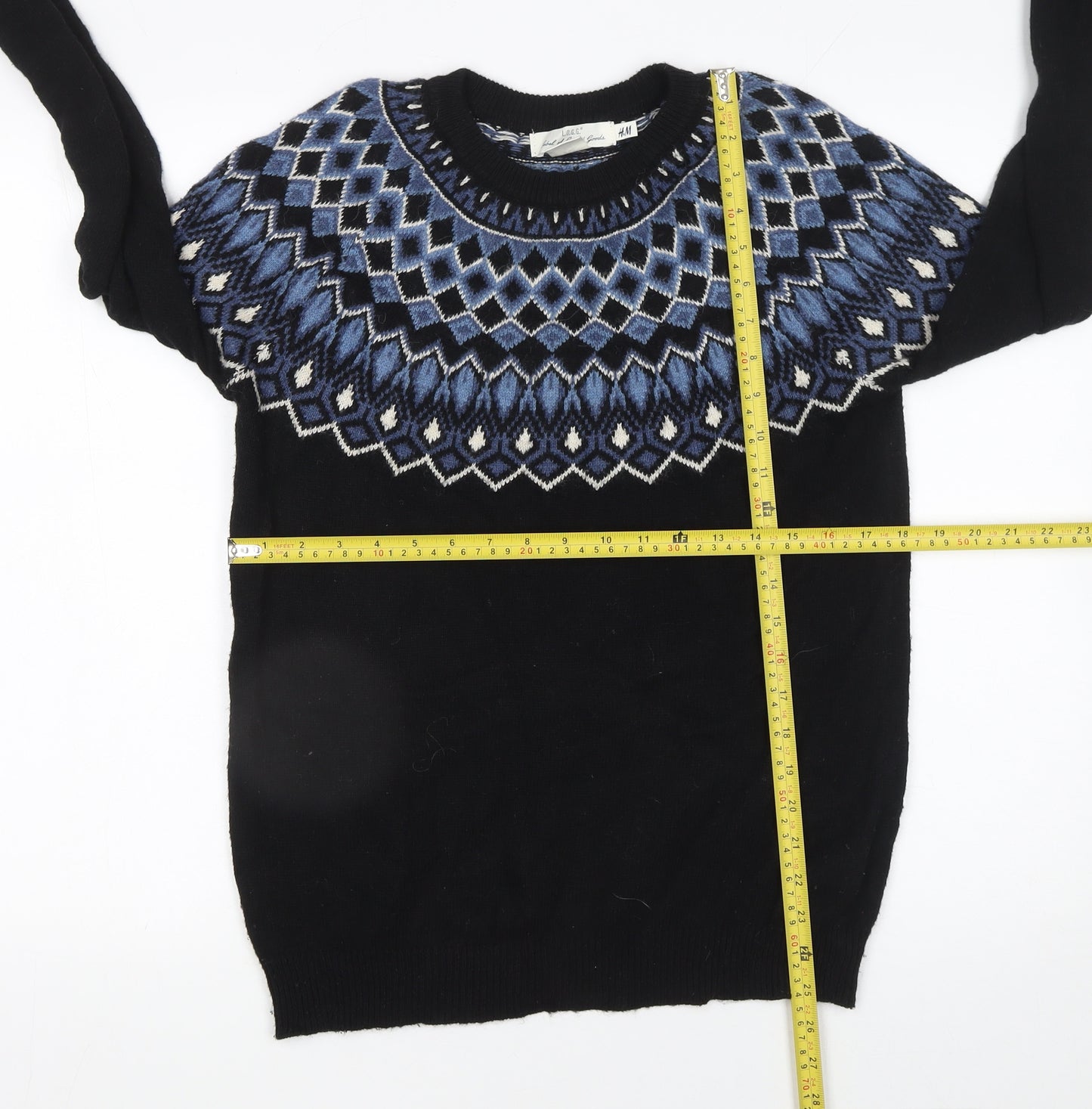 H&M Men’s Black Fair Isle Crew Neck Wool Blend Jumper M