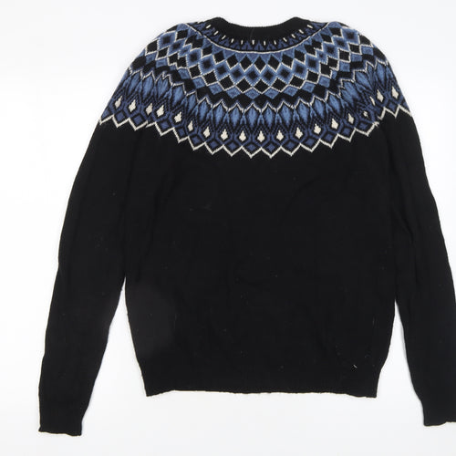 H&M Men’s Black Fair Isle Crew Neck Wool Blend Jumper M